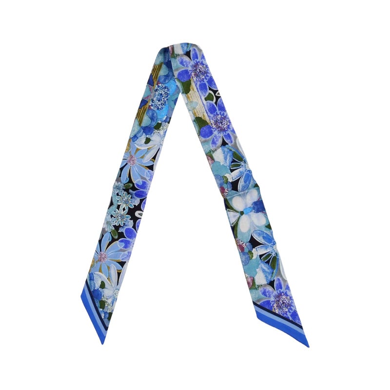 COtheSumay Mulberry Silk Scarf for Handbags & Purses, 2''x35'' Hair Ribbon Skinny Neck Scarves for Wome (Flower: blue - Image 1