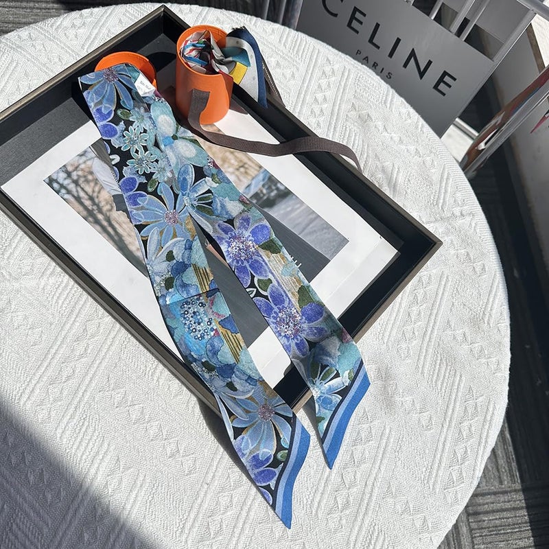 COtheSumay Mulberry Silk Scarf for Handbags & Purses, 2''x35'' Hair Ribbon Skinny Neck Scarves for Wome (Flower: blue - Image 2