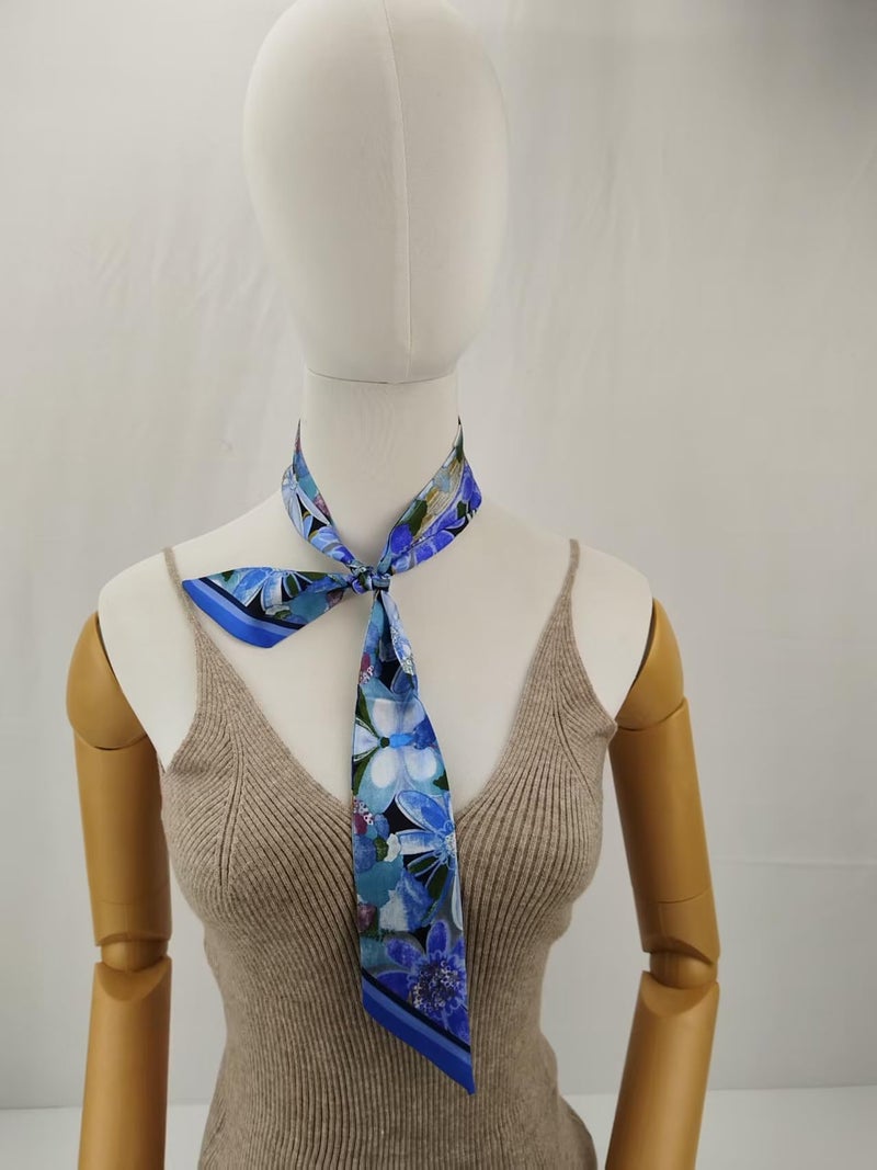 COtheSumay Mulberry Silk Scarf for Handbags & Purses, 2''x35'' Hair Ribbon Skinny Neck Scarves for Wome (Flower: blue - Image 3