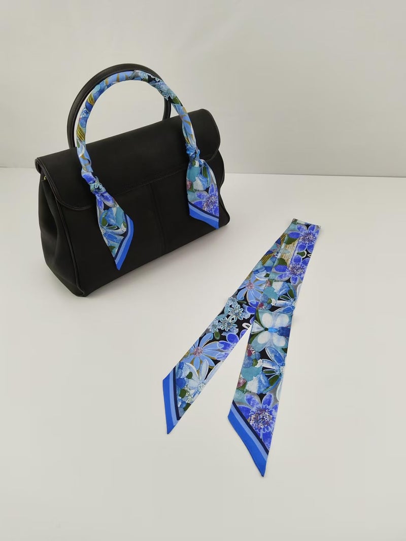 COtheSumay Mulberry Silk Scarf for Handbags & Purses, 2''x35'' Hair Ribbon Skinny Neck Scarves for Wome (Flower: blue - Image 4