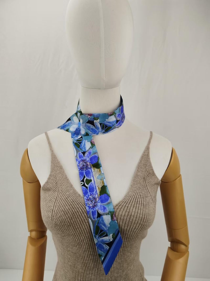 COtheSumay Mulberry Silk Scarf for Handbags & Purses, 2''x35'' Hair Ribbon Skinny Neck Scarves for Wome (Flower: blue - Image 5