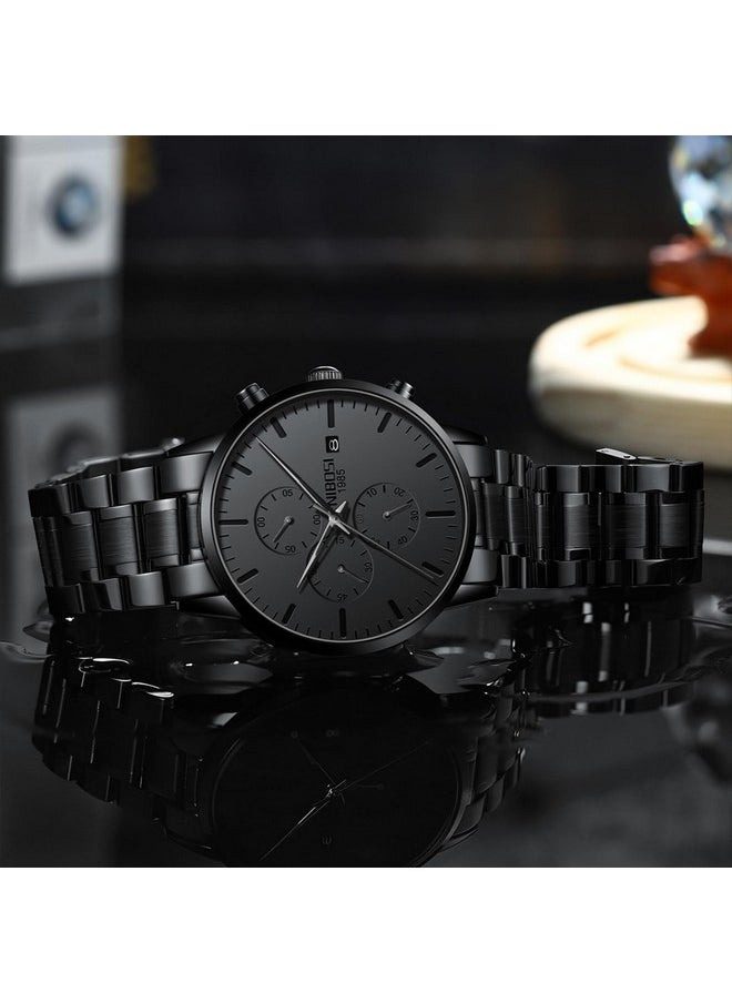 NIBOSI - NIBOSI Men's Watches Analog Minimalist Black Dial Watches for Men Business Chronograph Casual Watches with Stainless Steel Strap Date - Image 1