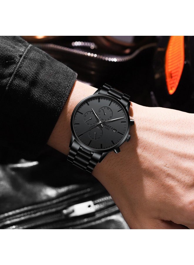 NIBOSI - NIBOSI Men's Watches Analog Minimalist Black Dial Watches for Men Business Chronograph Casual Watches with Stainless Steel Strap Date - Image 1