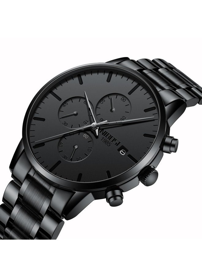 NIBOSI - NIBOSI Men's Watches Analog Minimalist Black Dial Watches for Men Business Chronograph Casual Watches with Stainless Steel Strap Date - Image 1