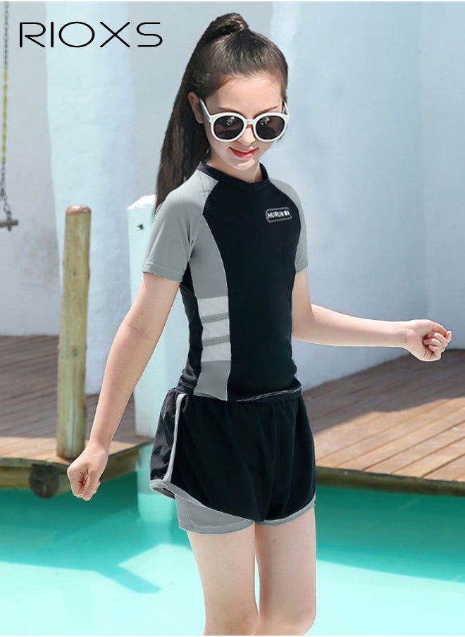 RIOXS Girls Two-Piece Swimsuit Rash Guard Short Sleeve Swimsuit Kids Swimwear Water Sports Sun Protection Bathing Suits With Skirts  - Image 1