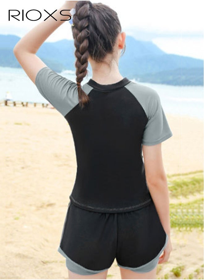 RIOXS Girls Two-Piece Swimsuit Rash Guard Short Sleeve Swimsuit Kids Swimwear Water Sports Sun Protection Bathing Suits With Skirts  - Image 5