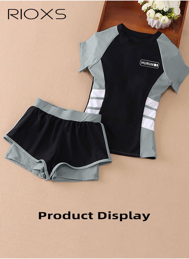 RIOXS Girls Two-Piece Swimsuit Rash Guard Short Sleeve Swimsuit Kids Swimwear Water Sports Sun Protection Bathing Suits With Skirts  - Image 2