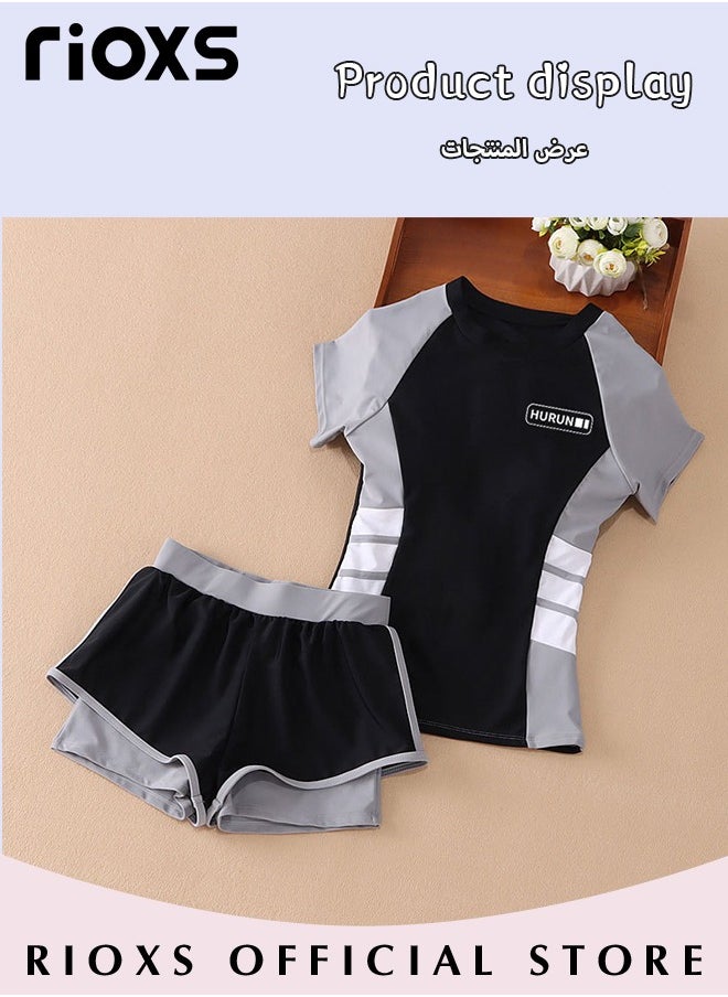 RIOXS Girls Two-Piece Swimsuit Rash Guard Short Sleeve Swimsuit Kids Swimwear Water Sports Sun Protection Bathing Suits With Skirts  - Image 3