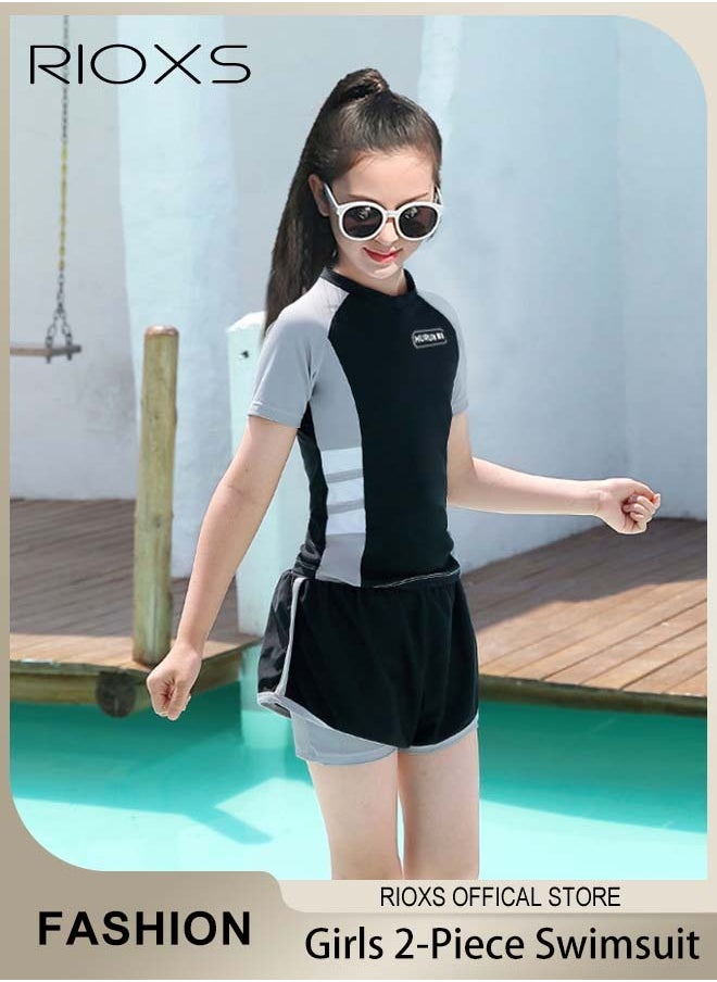 RIOXS Girls Two-Piece Swimsuit Rash Guard Short Sleeve Swimsuit Kids Swimwear Water Sports Sun Protection Bathing Suits With Skirts  - Image 1