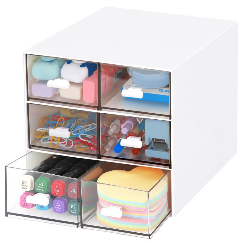 LETURE Desk Organizer with 5 Drawers, Rectangular Office Stationery Supplies Desktop Drawers, Plastic Makeup Storage, Suitable for Office, School, Home (White & 6 Drawers) - Image 1