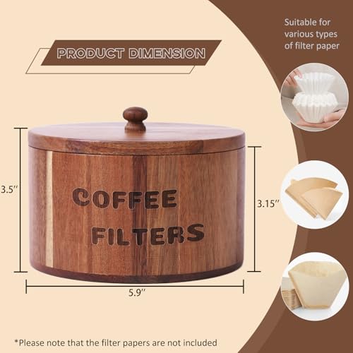 CATORY Acacia Wood Coffee Filter Holder and Storage - Round Container for Coffee Bar Organizer, Rustic Dispenser Basket - Image 3