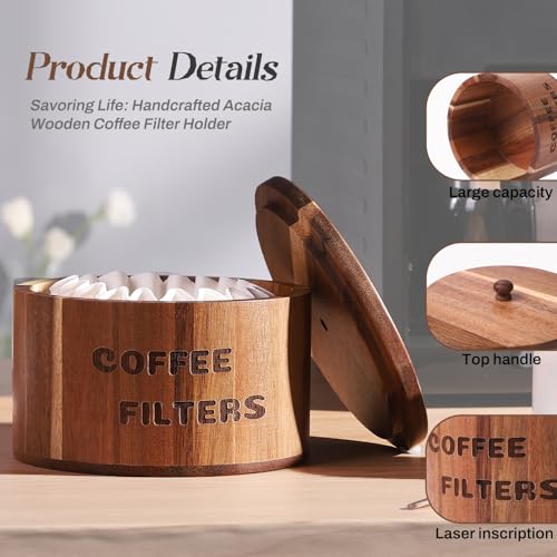CATORY Acacia Wood Coffee Filter Holder and Storage - Round Container for Coffee Bar Organizer, Rustic Dispenser Basket - Image 4