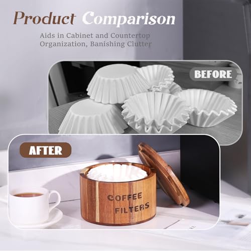 CATORY Acacia Wood Coffee Filter Holder and Storage - Round Container for Coffee Bar Organizer, Rustic Dispenser Basket - Image 5