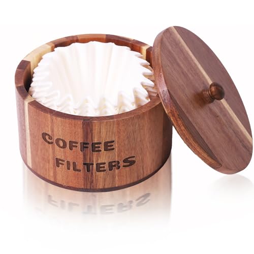 CATORY Acacia Wood Coffee Filter Holder and Storage - Round Container for Coffee Bar Organizer, Rustic Dispenser Basket - Image 1