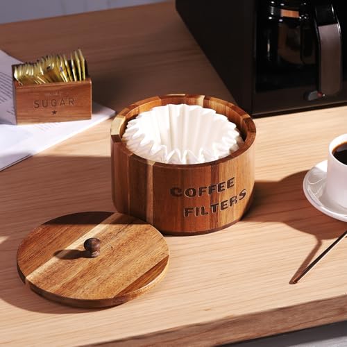 CATORY Acacia Wood Coffee Filter Holder and Storage - Round Container for Coffee Bar Organizer, Rustic Dispenser Basket - Image 2