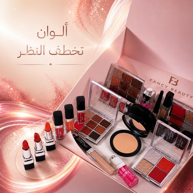 مجموعة مكياج فاخرة – حقيبة يد وردية أنيقة تحتوي على أحمر شفاه، ظلال عيون، بودرة، كونسيلر، قلم تحديد للشفاه ولمعان – هدية مثالية للنساء - Image 5