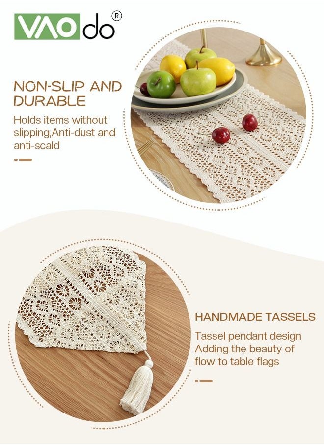 VAOdo Hollow Table Runner Hand Crocheted Table Flage Polyester Cotton Material Suitable for Coffee Table Long Table Home Decoration Beige 30 * 180CM  - Image 3
