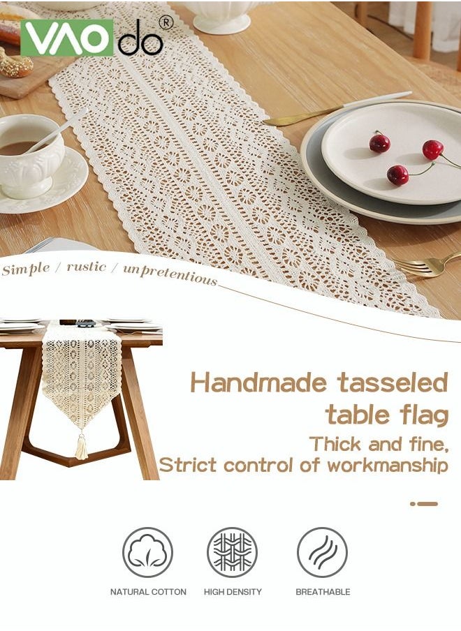 VAOdo Hollow Table Runner Hand Crocheted Table Flage Polyester Cotton Material Suitable for Coffee Table Long Table Home Decoration Beige 30 * 180CM  - Image 2