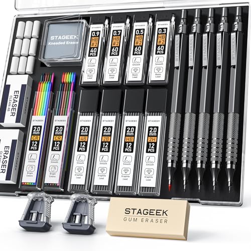 STAGEEK 21PCS Metal Mechanical Pencil Set, Art Lead Pencil 0.3, 0.5, 0.7, 0.9, 2mm Holder(HB 2H 2B 4B Color) with 10 Tubes Graphite Lead Refills Eraser with Case for Drafting Drawing Sketching - Image 1
