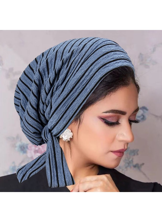 Laravel Striped Muslim long-tail elegant fashion Muslim Elastic turban hat chemotherapy hat Islamic Arab Hijab Undercap Elastic Headscarf Hat Ramadan Gift Holiday Gift Box - Blue Striped  - Image 1