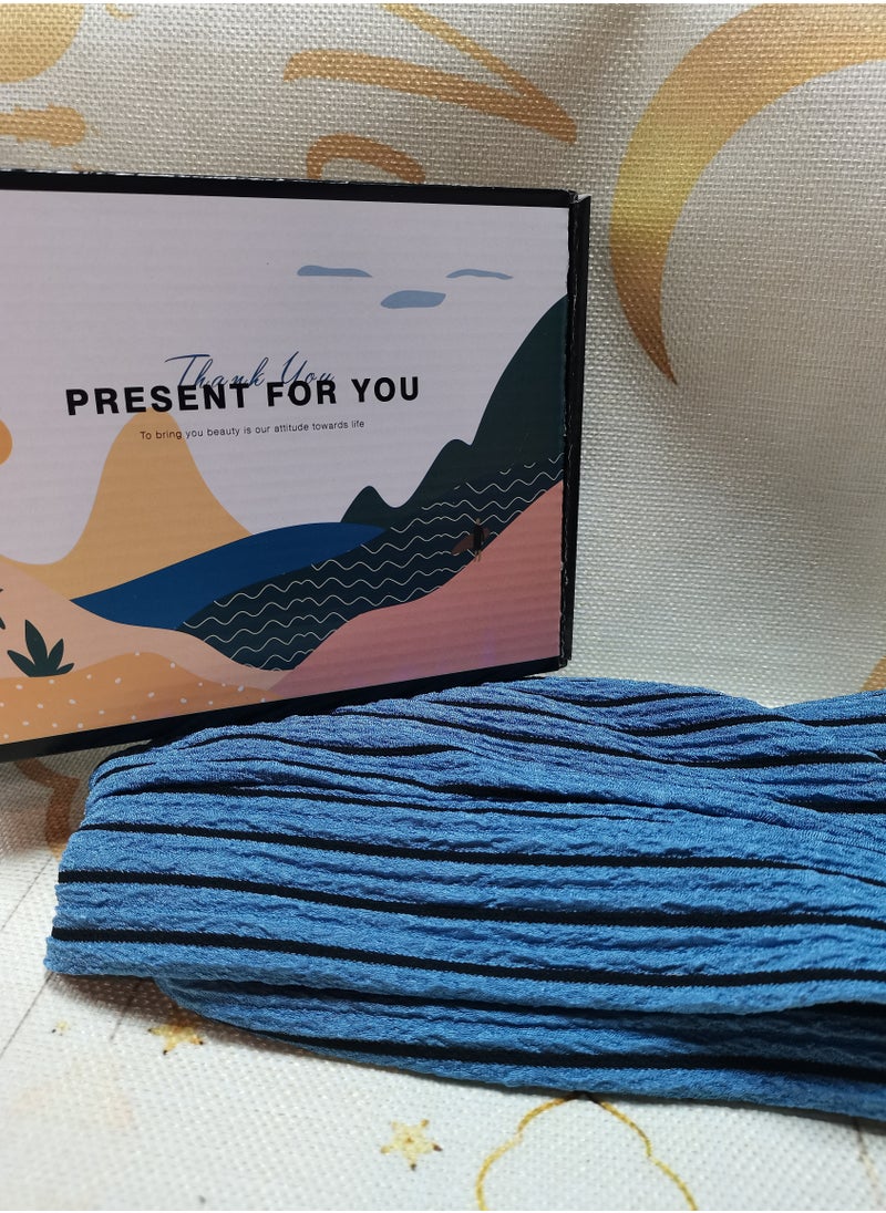 Laravel Striped Muslim long-tail elegant fashion Muslim Elastic turban hat chemotherapy hat Islamic Arab Hijab Undercap Elastic Headscarf Hat Ramadan Gift Holiday Gift Box - Blue Striped  - Image 3