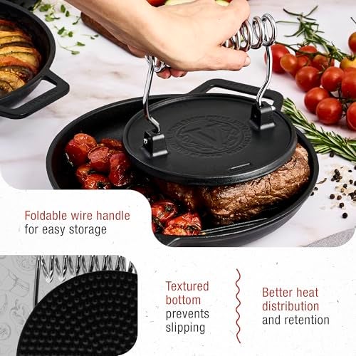 Victoria Round Cast-Iron Meat Press with a Wire Handle, Preseasoned with Flaxseed Oil, Made in Colombia - Image 4