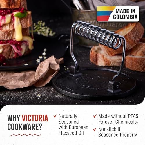 Victoria Round Cast-Iron Meat Press with a Wire Handle, Preseasoned with Flaxseed Oil, Made in Colombia - Image 2
