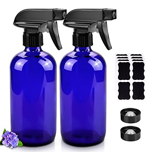 Worldgsb Glass Spray Bottles, 16oz Refillable Containers, Empty Boston Round Bottles with Labels & Adjustable Nozzle for Cleaning, Gardening, Aromatherapy, Pets, Plant, Hair -Blue (2 Pack) - Image 1