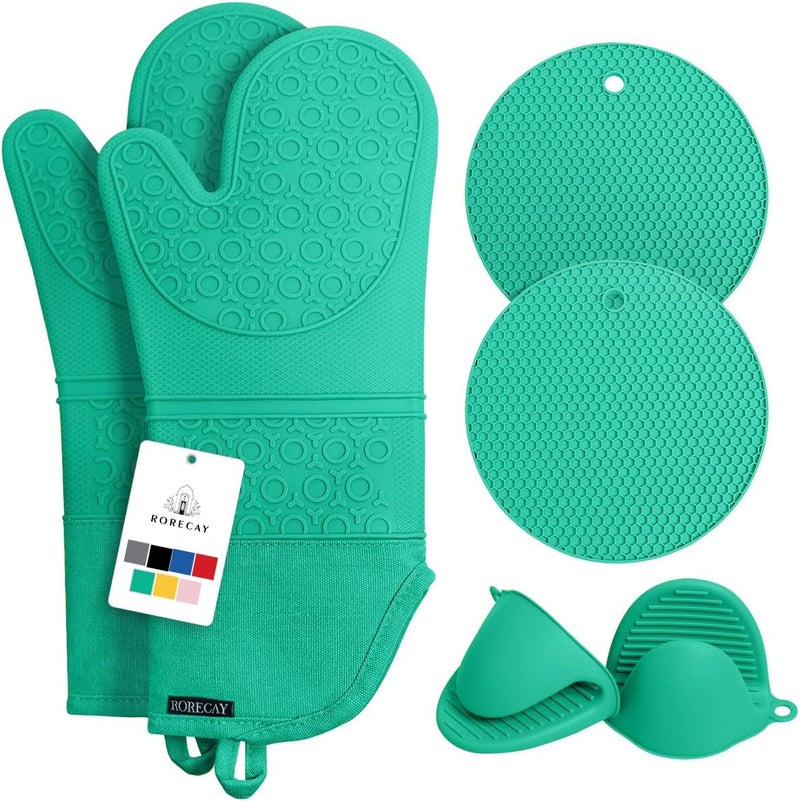 Rorecay 6pcs Oven Mitts and Pot Holders Sets Heat Resistant 500 Degrees, Non-Slip Silicone Hot Pads Potholders for Kitchen Baking Cooking, Extra Long Oven Gloves Quilted Liner, Jungle - Image 1