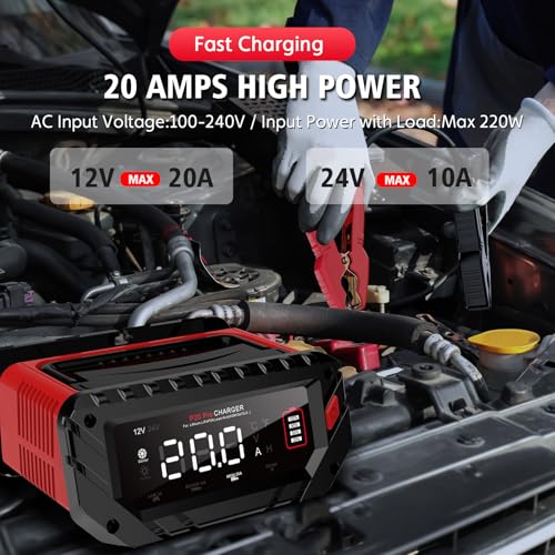 AORIKA 20-Amp Car Battery Charger, 12V/24V Smart Automotive Charger, Battery Maintainer, Trickle Charger for Car, Motorcycle, Boat, Lead-Acid, Lithium, LiFePo4 Battery - Image 3