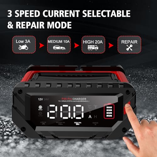 AORIKA 20-Amp Car Battery Charger, 12V/24V Smart Automotive Charger, Battery Maintainer, Trickle Charger for Car, Motorcycle, Boat, Lead-Acid, Lithium, LiFePo4 Battery - Image 4