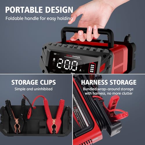 AORIKA 20-Amp Car Battery Charger, 12V/24V Smart Automotive Charger, Battery Maintainer, Trickle Charger for Car, Motorcycle, Boat, Lead-Acid, Lithium, LiFePo4 Battery - Image 5