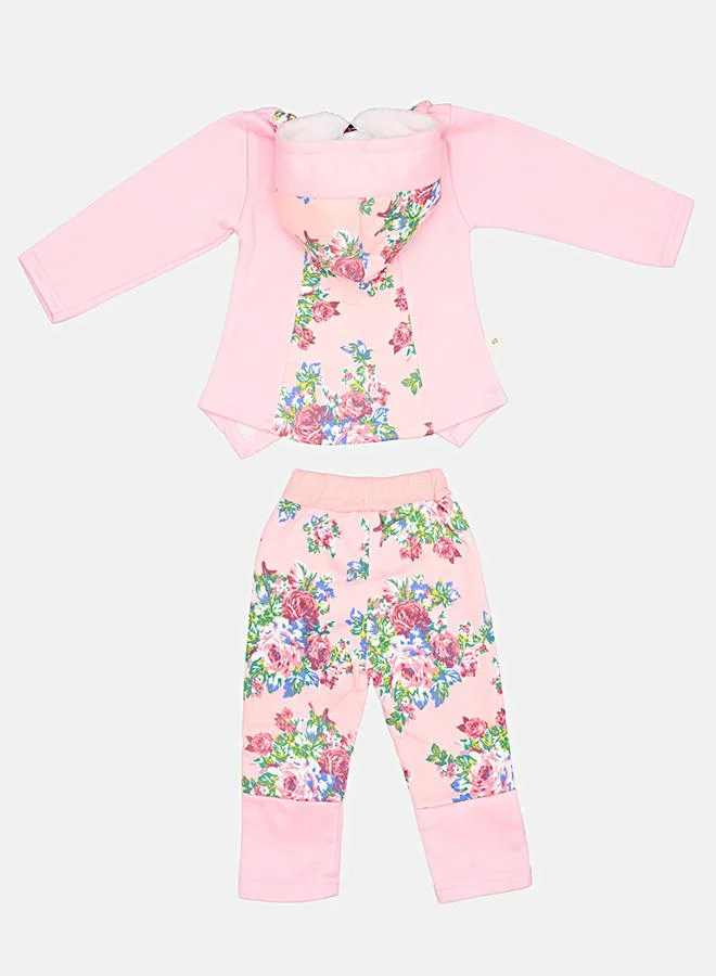 babyqlo Pink Hooded Floral Doll Print Outfit Set