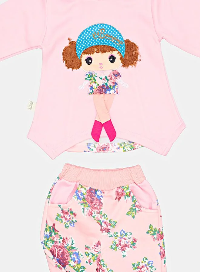 babyqlo Pink Hooded Floral Doll Print Outfit Set