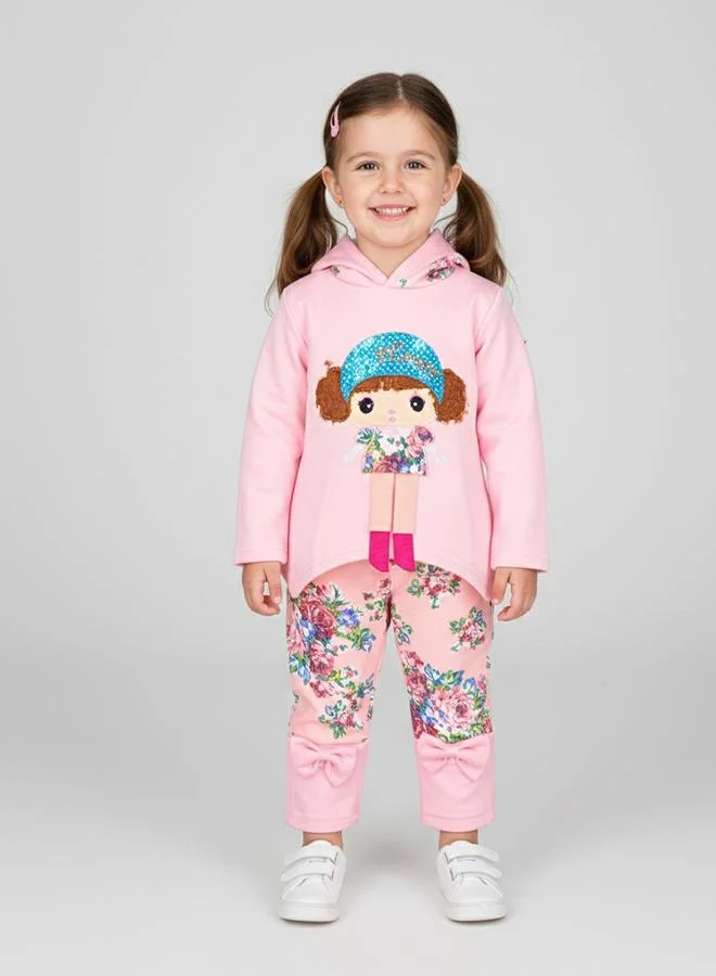 babyqlo Pink Hooded Floral Doll Print Outfit Set