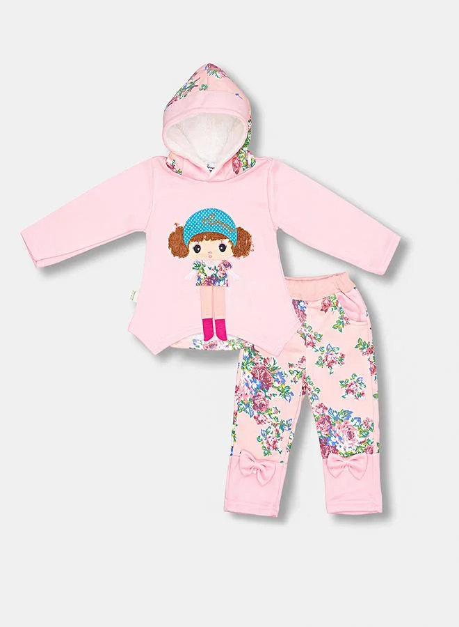 babyqlo Pink Hooded Floral Doll Print Outfit Set