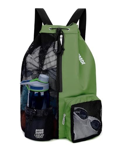 WANDF Swim Bag Mesh Drawstring Backpack with Wet Pocket Beach Backpack for Swimming Gym and Workout Gear Dark green - Image 1
