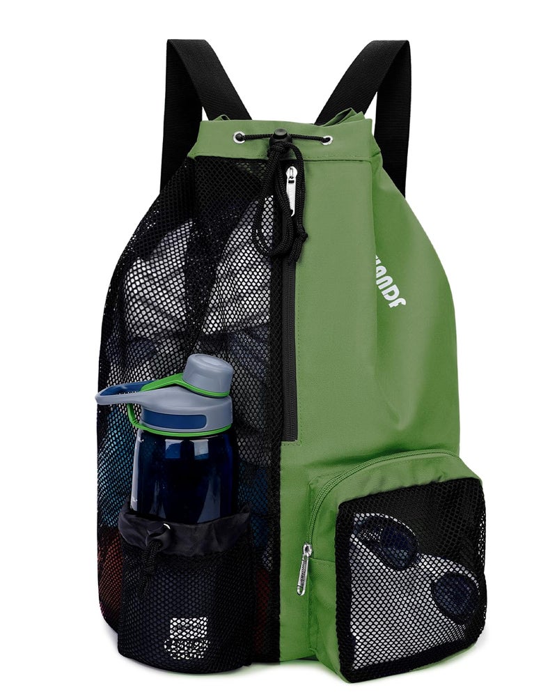 WANDF Swim Bag Mesh Drawstring Backpack with Wet Pocket Beach Backpack for Swimming Gym and Workout Gear Dark green - Image 2
