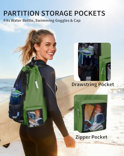 WANDF Swim Bag Mesh Drawstring Backpack with Wet Pocket Beach Backpack for Swimming Gym and Workout Gear Dark green - Image 3