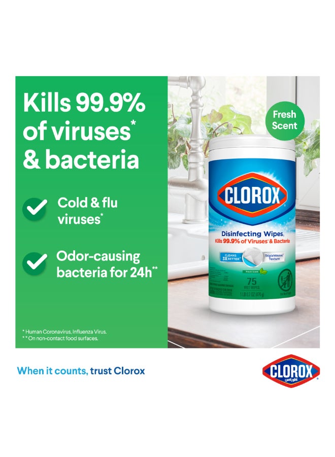 Clorox Disinfecting Fresh Scent Wet Wipes 75 Count (474G) - Image 2