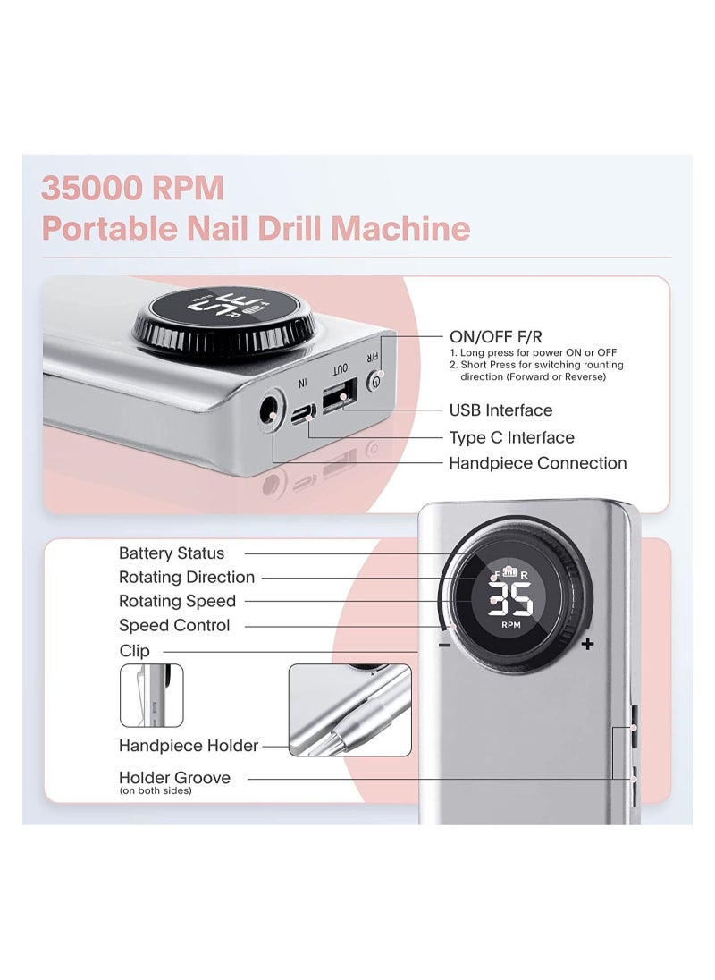 General - Rechargeable 35000RPM Nail Drill, Portable Nail Drill Machine Electric Nail E File Manicure Drill Set High-Speed Nail Tools for Nail Salon (Silver) - Image 1