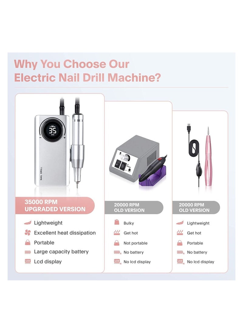 General - Rechargeable 35000RPM Nail Drill, Portable Nail Drill Machine Electric Nail E File Manicure Drill Set High-Speed Nail Tools for Nail Salon (Silver) - Image 1