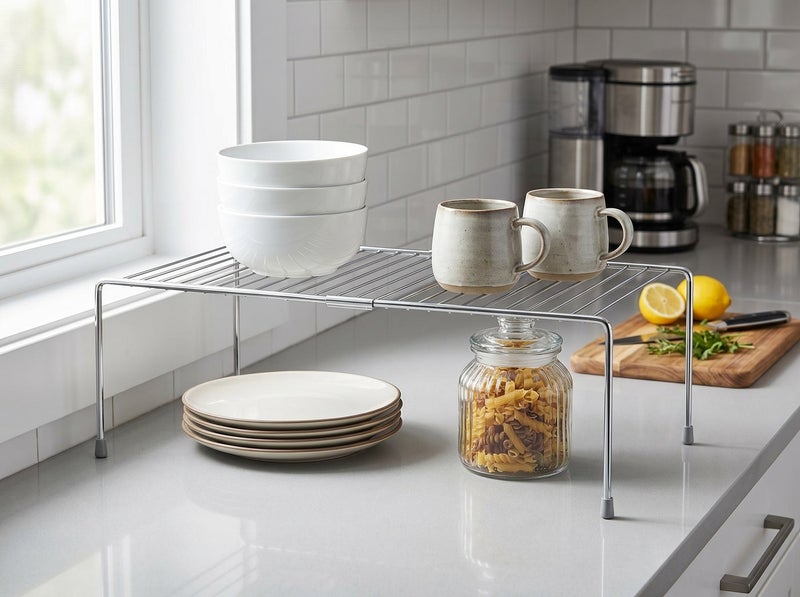 Dunekart Expandable Cabinet Dish Rack - Adjustable Stainless Steel Kitchen Shelf Organizer - Countertop Storage with Anti-Rust Nano Coating Pack of 1 - Image 3