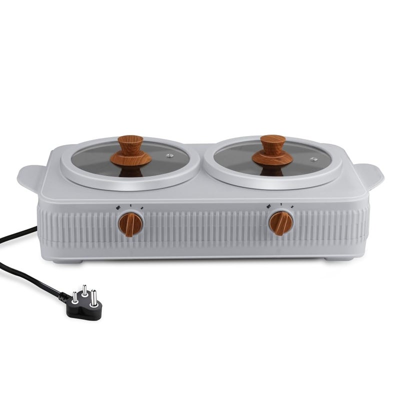 JAYPEE PLUS طباخ كهربائي كوك سمارت 3 في 1 محطة طهي مزدوجة مع وعاء بطبقة غير لاصقة من تيفلون لإعادة التسخين والطهي، غطاء خشبي وقرص تنظيم من زجاج مقوى، 1.5+1.5 لتر، رمادي - Image 1