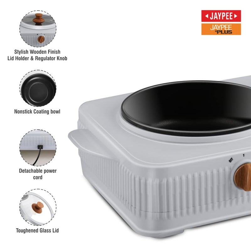 JAYPEE PLUS طباخ كهربائي كوك سمارت 3 في 1 محطة طهي مزدوجة مع وعاء بطبقة غير لاصقة من تيفلون لإعادة التسخين والطهي، غطاء خشبي وقرص تنظيم من زجاج مقوى، 1.5+1.5 لتر، رمادي - Image 4