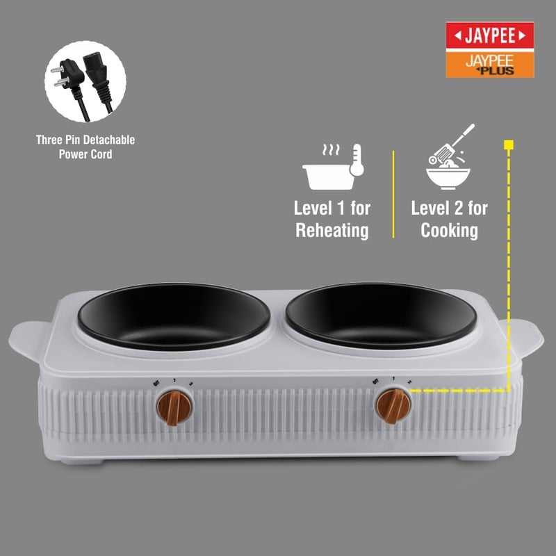 JAYPEE PLUS طباخ كهربائي كوك سمارت 3 في 1 محطة طهي مزدوجة مع وعاء بطبقة غير لاصقة من تيفلون لإعادة التسخين والطهي، غطاء خشبي وقرص تنظيم من زجاج مقوى، 1.5+1.5 لتر، رمادي - Image 5