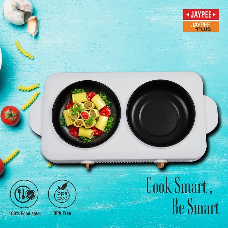 JAYPEE PLUS طباخ كهربائي كوك سمارت 3 في 1 محطة طهي مزدوجة مع وعاء بطبقة غير لاصقة من تيفلون لإعادة التسخين والطهي، غطاء خشبي وقرص تنظيم من زجاج مقوى، 1.5+1.5 لتر، رمادي - Image 3