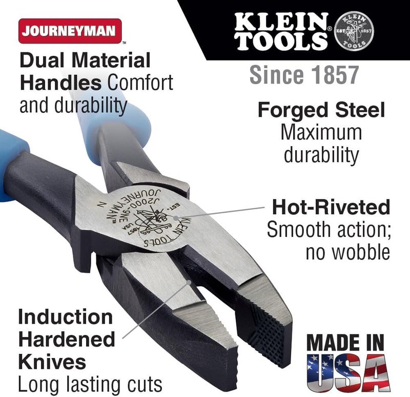 Klein Tools J213-9NE Side Cutter Linemans Pliers, Made in USA, High Leverage, 9-Inch, Streamlined Design, Color Coded - Image 2