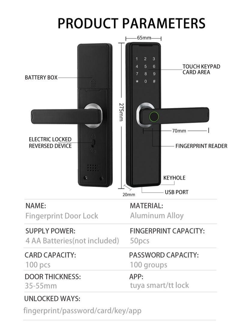 Smart door lock, Tuya smart lock fingerprint door lock keyboard door lock with fingerprint handle electronic door lock smart door lock compatible with Tuya app