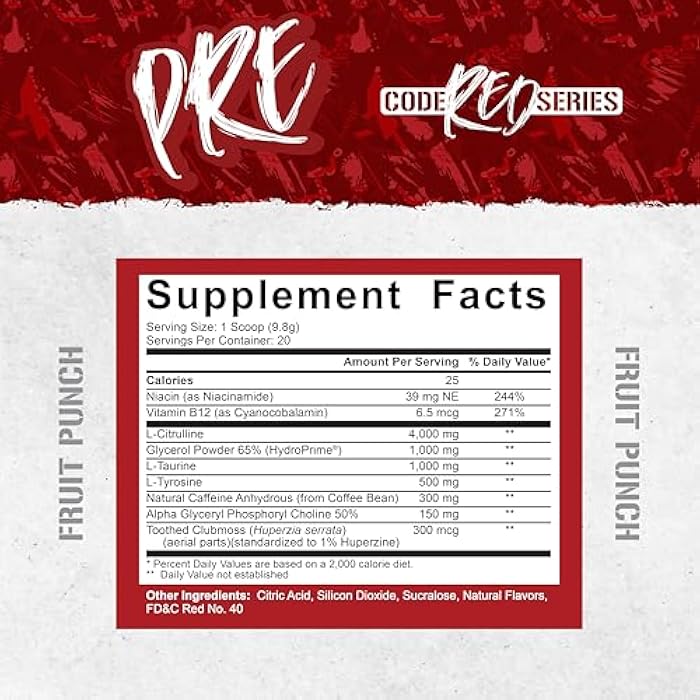 5% Nutrition Code Red Series Pre Workout Powder for Men & Women | Energy, Pump, Power, Protein Synthesis & Focus | 300mg Caffeine, L-Citrulline, Glycerol, Taurine, Alpha GPC, Huperzine (Fruit Punch) - Image 3